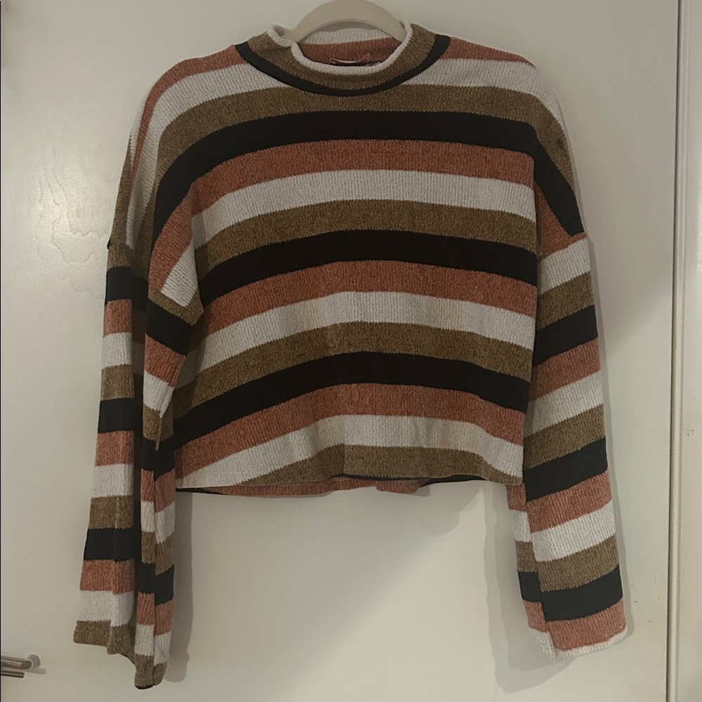 Striped cropped mock neck sweater - navy, white, pink and tan